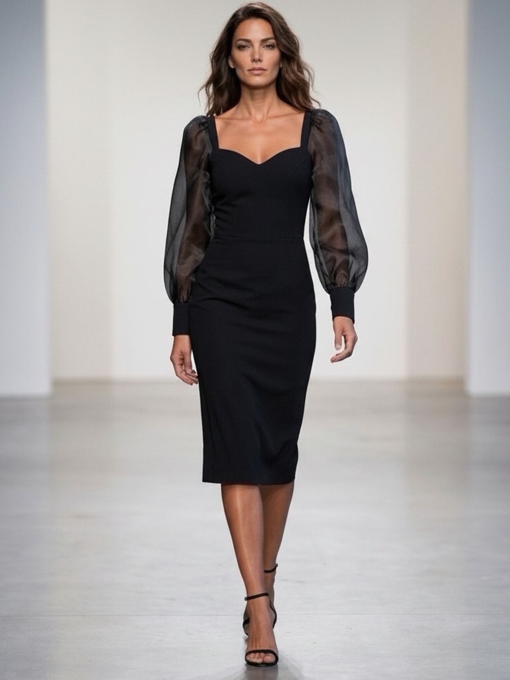 Lichi Black Square Neck Dress with Sheer Puff Sleeves XS
